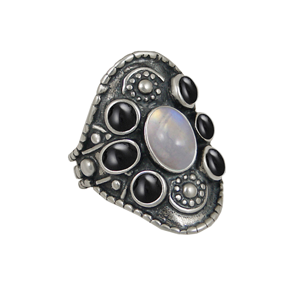 Sterling Silver High Queen's Ring With Rainbow Moonstone And Black Onyx Size 8 Sterling Silver High Queen's Ring With Rainbow Moonstone And Black Onyx Size 8